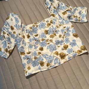 Joie floral Top - gathered sleeve , sz L washable linen
